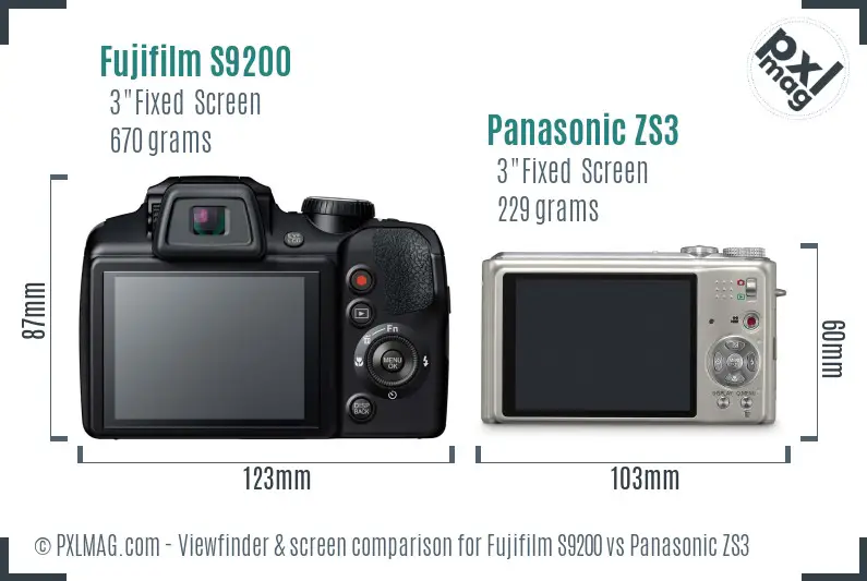 Fujifilm S9200 vs Panasonic ZS3 Screen and Viewfinder comparison