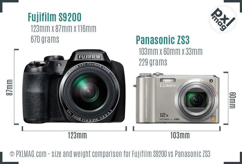 Fujifilm S9200 vs Panasonic ZS3 size comparison