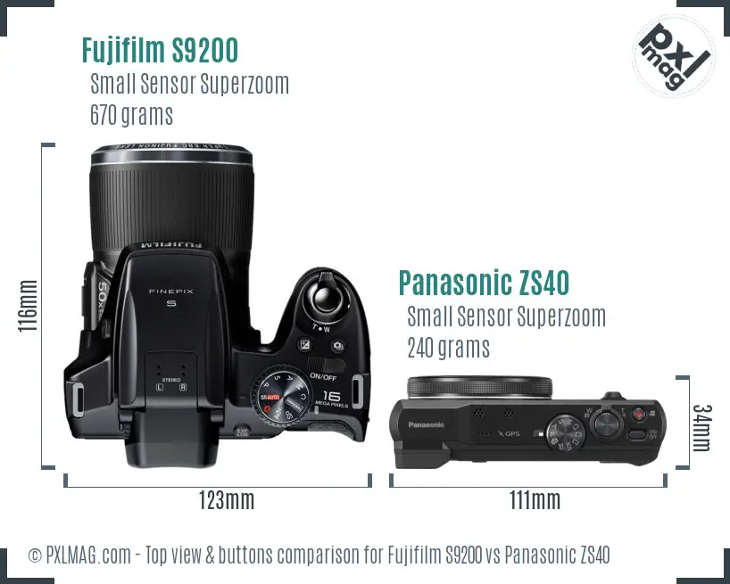 Fujifilm S9200 vs Panasonic ZS40 top view buttons comparison