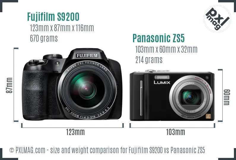 Fujifilm S9200 vs Panasonic ZS5 size comparison