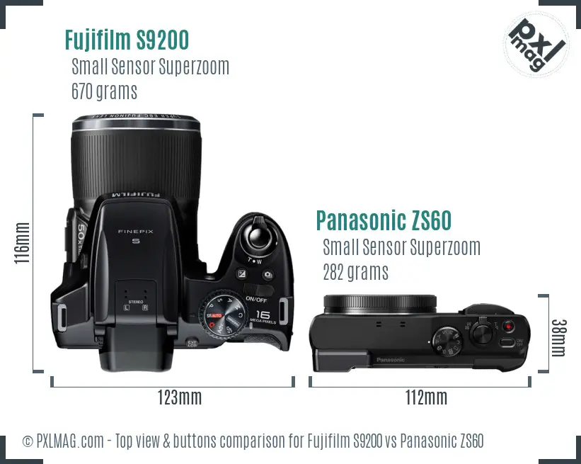 Fujifilm S9200 vs Panasonic ZS60 top view buttons comparison