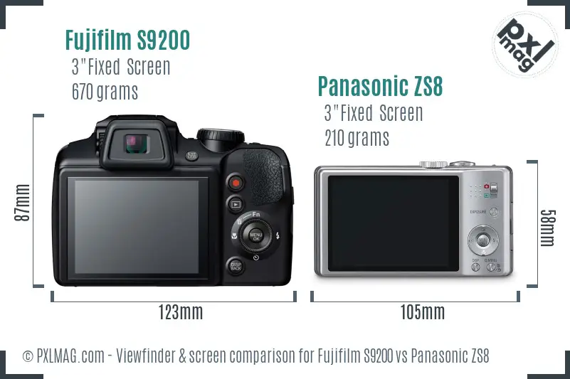 Fujifilm S9200 vs Panasonic ZS8 Screen and Viewfinder comparison