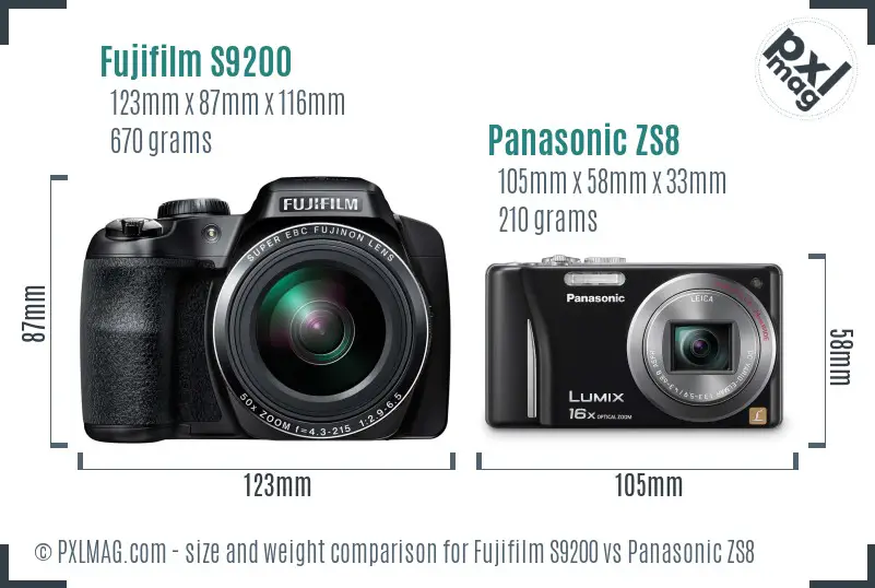 Fujifilm S9200 vs Panasonic ZS8 size comparison