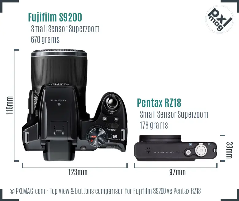 Fujifilm S9200 vs Pentax RZ18 top view buttons comparison