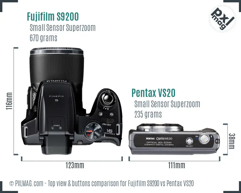Fujifilm S9200 vs Pentax VS20 top view buttons comparison