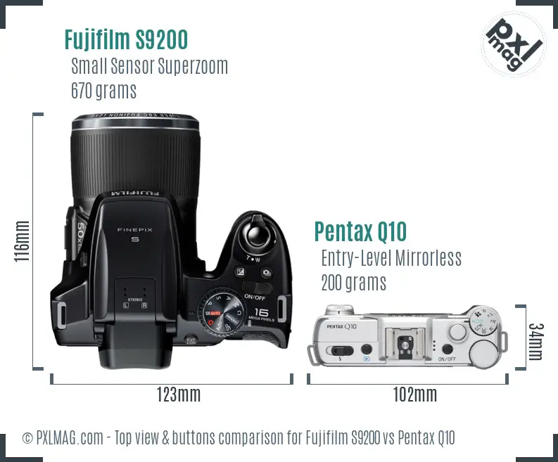 Fujifilm S9200 vs Pentax Q10 top view buttons comparison