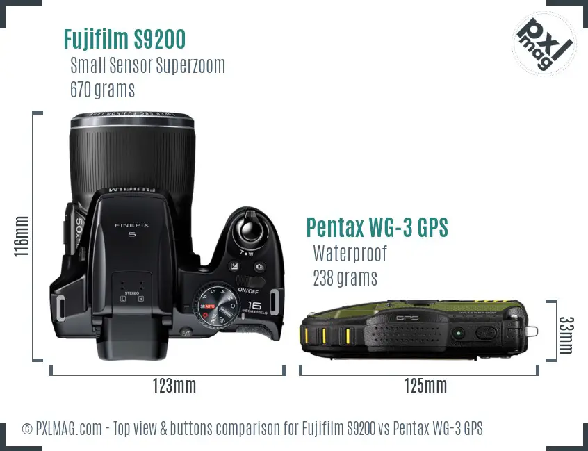 Fujifilm S9200 vs Pentax WG-3 GPS top view buttons comparison Fujifilm S9200 vs Pentax WG-3 GPS top view buttons comparison