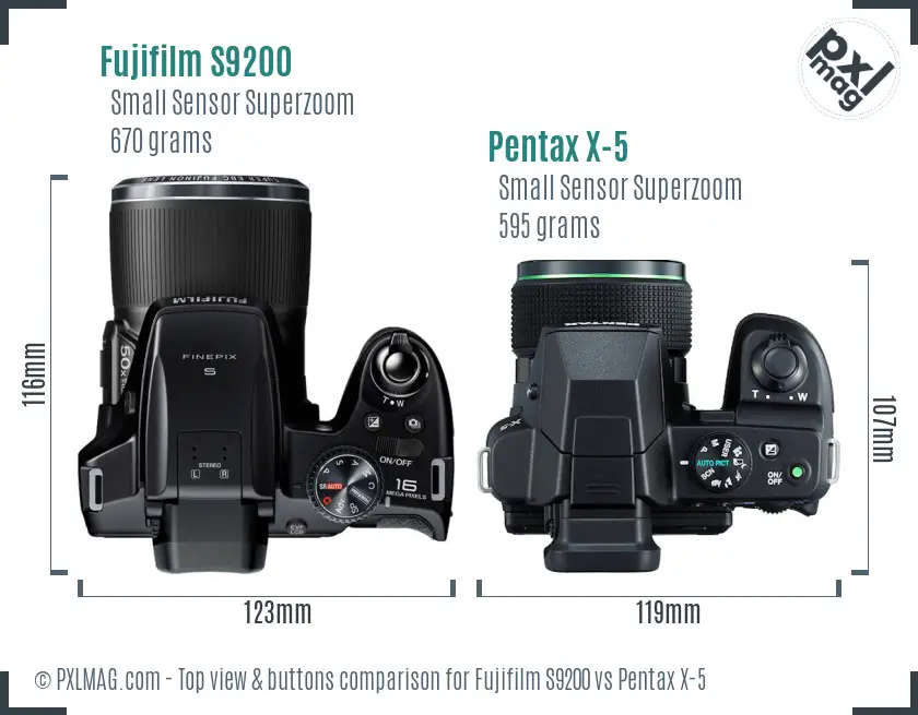 Fujifilm S9200 vs Pentax X-5 top view buttons comparison