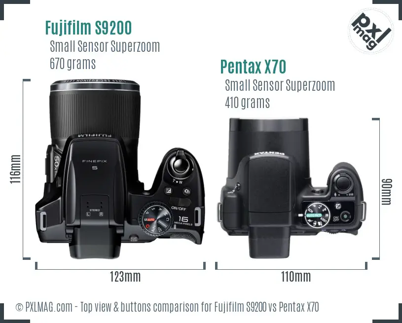 Fujifilm S9200 vs Pentax X70 top view buttons comparison Fujifilm S9200 vs Pentax X70 top view buttons comparison