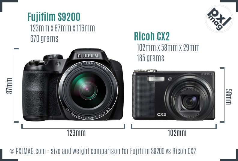Fujifilm S9200 vs Ricoh CX2 size comparison