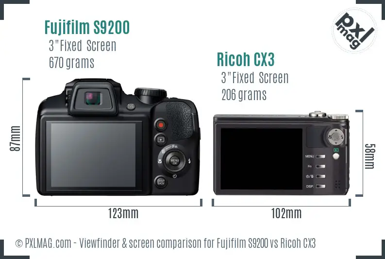 Fujifilm S9200 vs Ricoh CX3 Screen and Viewfinder comparison