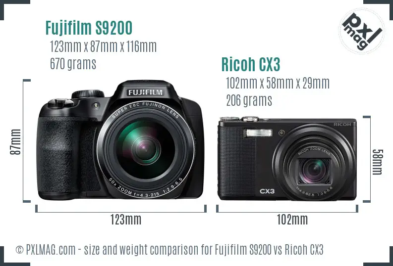 Fujifilm S9200 vs Ricoh CX3 size comparison