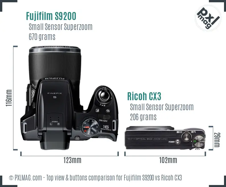 Fujifilm S9200 vs Ricoh CX3 top view buttons comparison