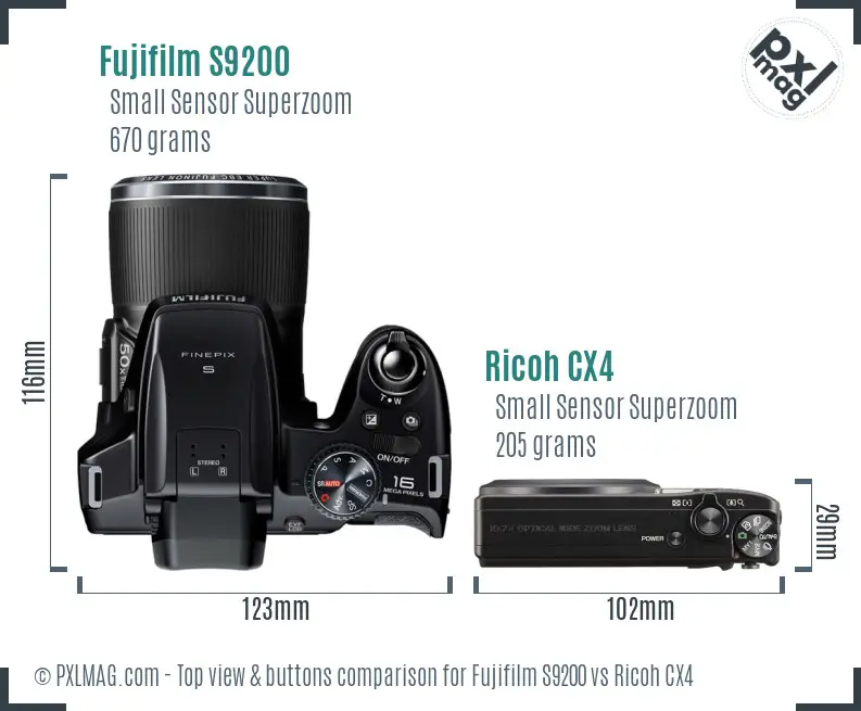 Fujifilm S9200 vs Ricoh CX4 top view buttons comparison