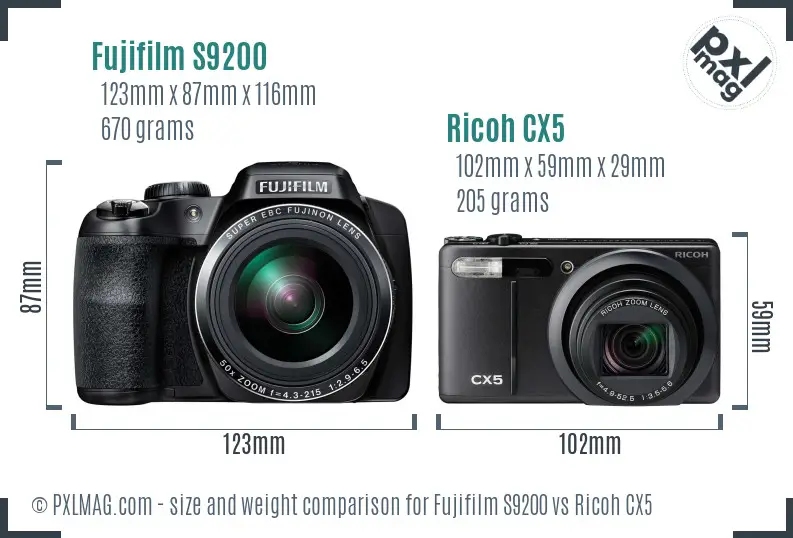 Fujifilm S9200 vs Ricoh CX5 size comparison