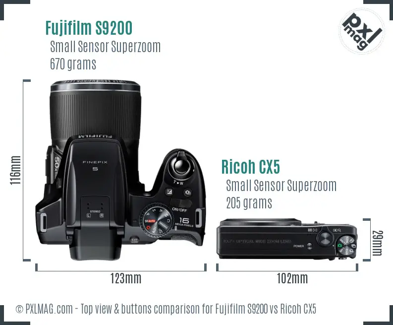 Fujifilm S9200 vs Ricoh CX5 top view buttons comparison