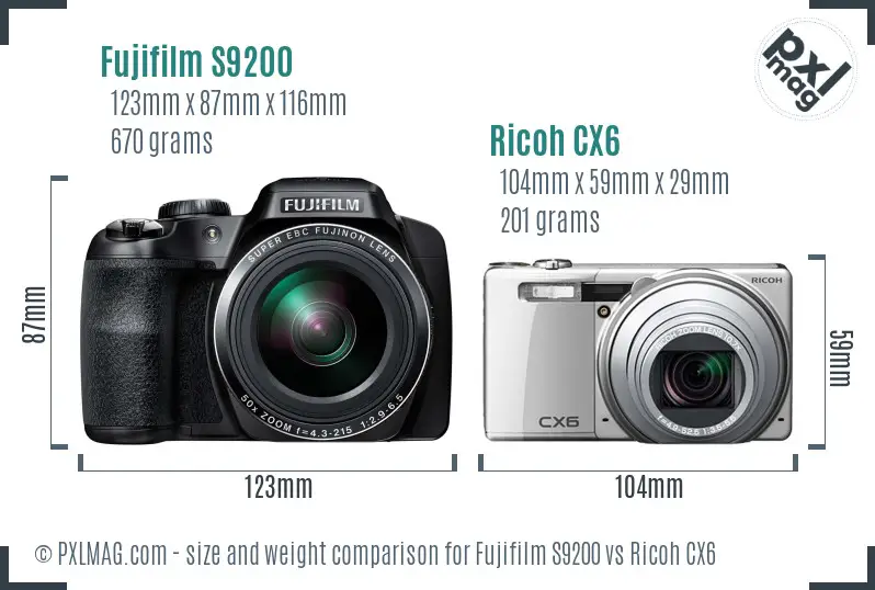 Fujifilm S9200 vs Ricoh CX6 size comparison