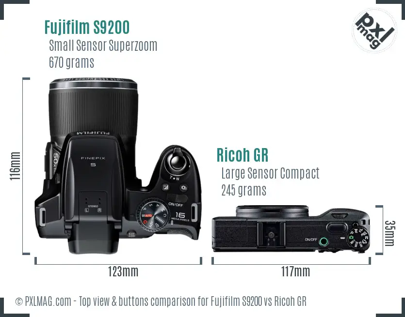 Fujifilm S9200 vs Ricoh GR top view buttons comparison