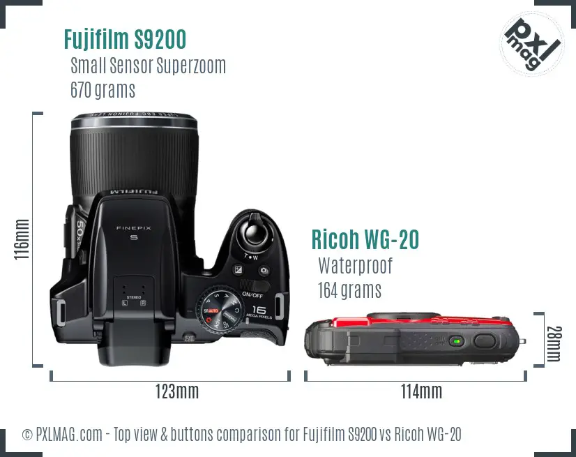 Fujifilm S9200 vs Ricoh WG-20 top view buttons comparison