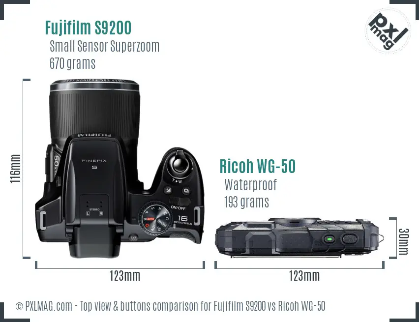 Fujifilm S9200 vs Ricoh WG-50 top view buttons comparison