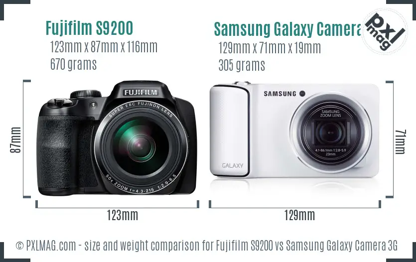 Fujifilm S9200 vs Samsung Galaxy Camera 3G size comparison