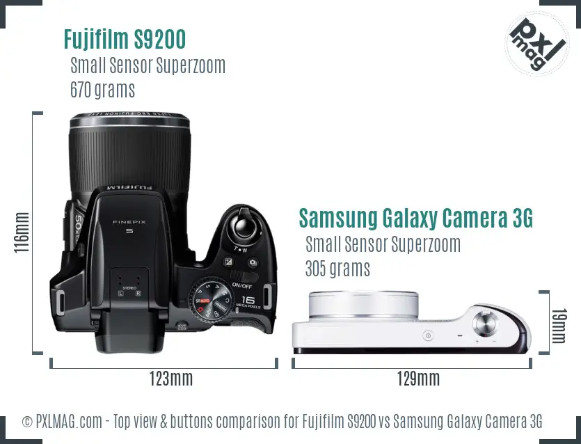 Fujifilm S9200 vs Samsung Galaxy Camera 3G top view buttons comparison