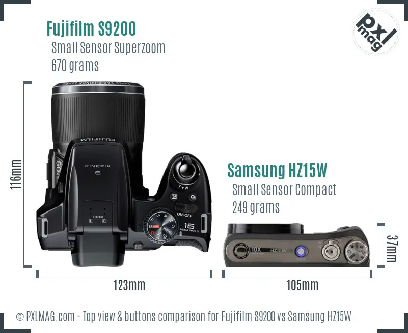 Fujifilm S9200 vs Samsung HZ15W top view buttons comparison