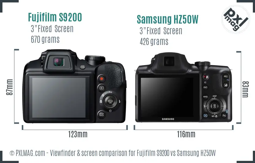 Fujifilm S9200 vs Samsung HZ50W Screen and Viewfinder comparison