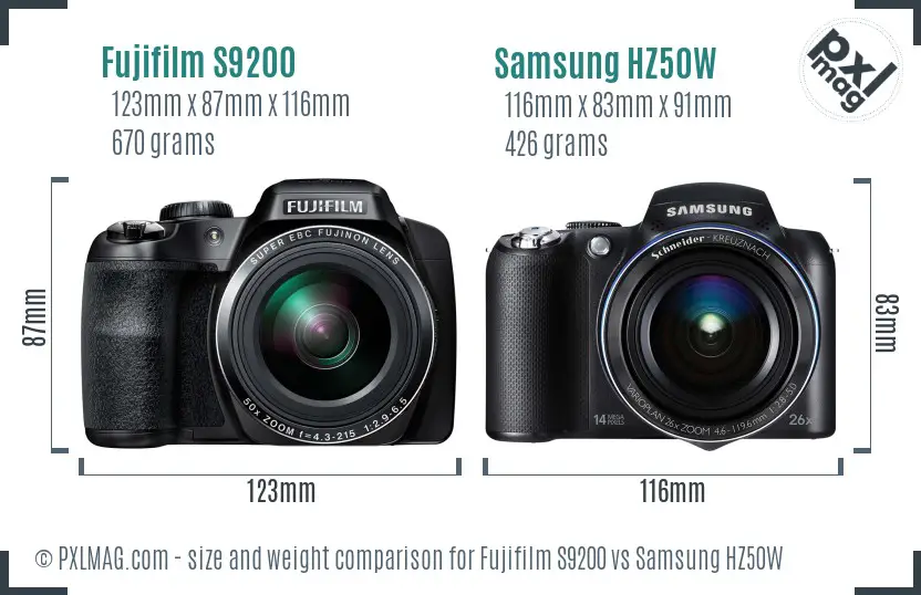 Fujifilm S9200 vs Samsung HZ50W size comparison