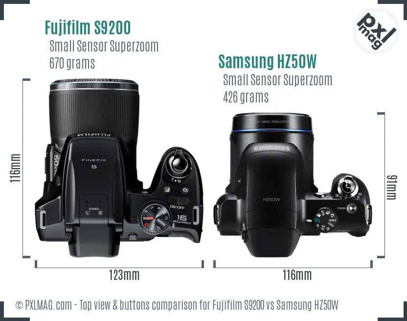 Fujifilm S9200 vs Samsung HZ50W top view buttons comparison