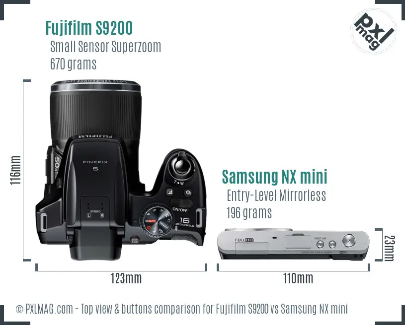 Fujifilm S9200 vs Samsung NX mini top view buttons comparison