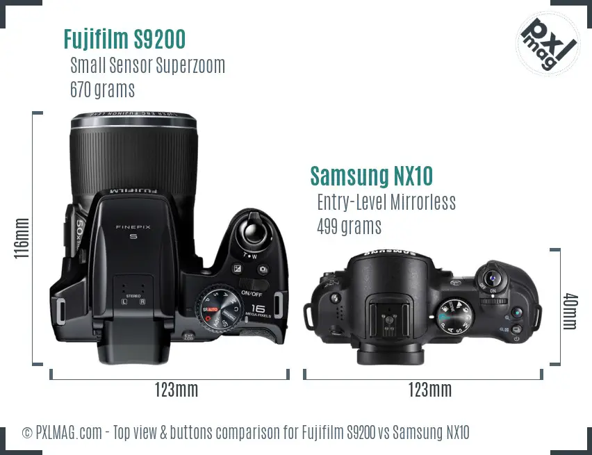 Fujifilm S9200 vs Samsung NX10 top view buttons comparison