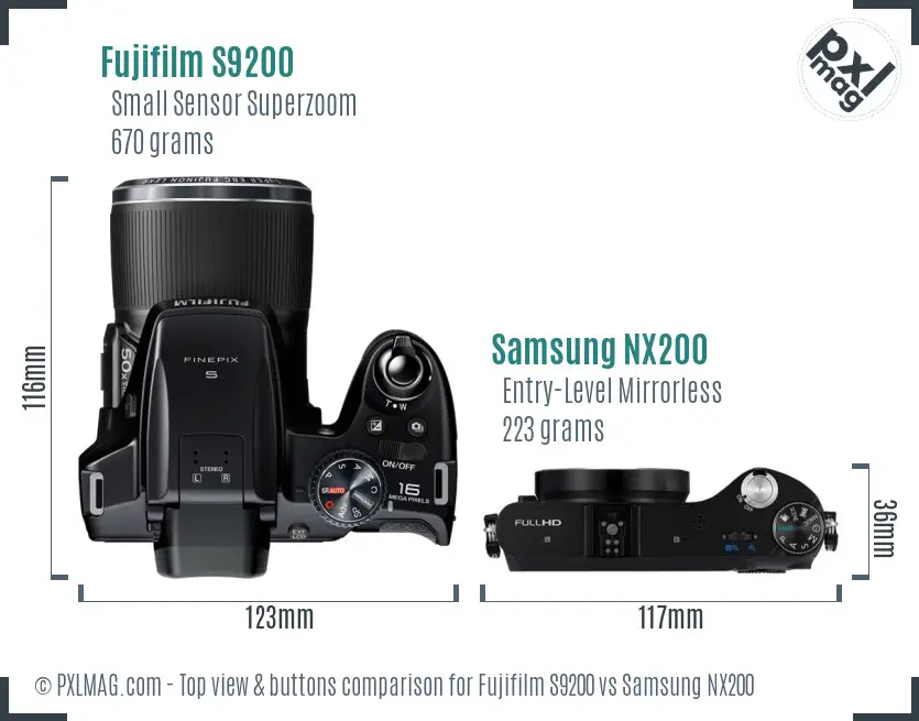 Fujifilm S9200 vs Samsung NX200 top view buttons comparison