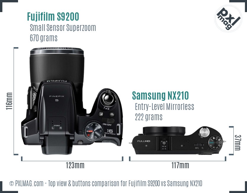 Fujifilm S9200 vs Samsung NX210 top view buttons comparison