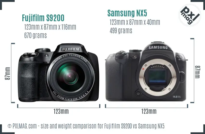 Fujifilm S9200 vs Samsung NX5 size comparison