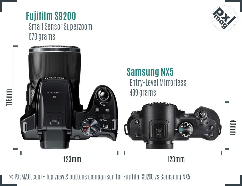 Fujifilm S9200 vs Samsung NX5 top view buttons comparison