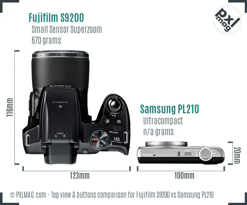 Fujifilm S9200 vs Samsung PL210 top view buttons comparison Fujifilm S9200 vs Samsung PL210 top view buttons comparison