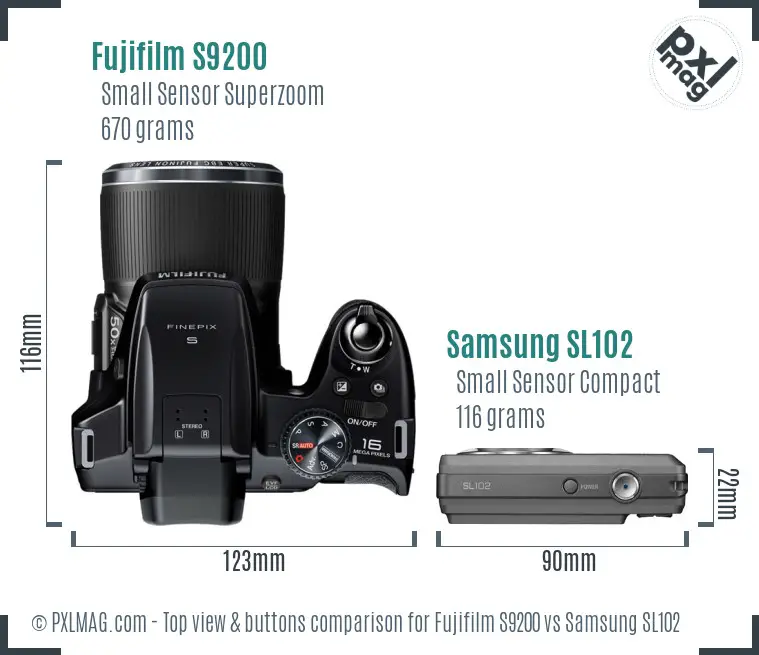 Fujifilm S9200 vs Samsung SL102 top view buttons comparison Fujifilm S9200 vs Samsung SL102 top view buttons comparison