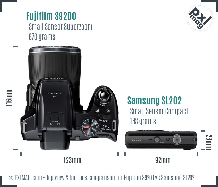 Fujifilm S9200 vs Samsung SL202 top view buttons comparison