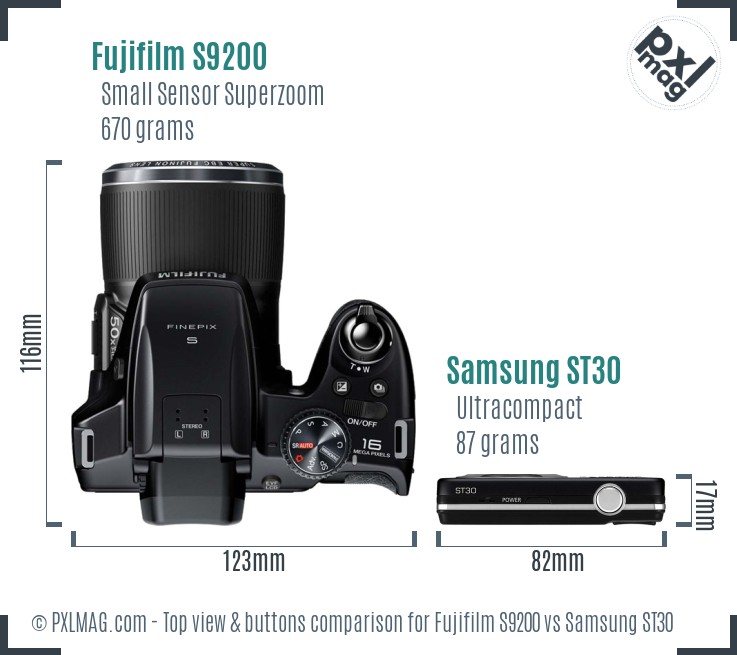 Fujifilm S9200 vs Samsung ST30 top view buttons comparison
