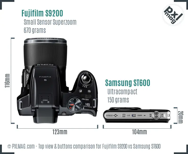 Fujifilm S9200 vs Samsung ST600 top view buttons comparison Fujifilm S9200 vs Samsung ST600 top view buttons comparison