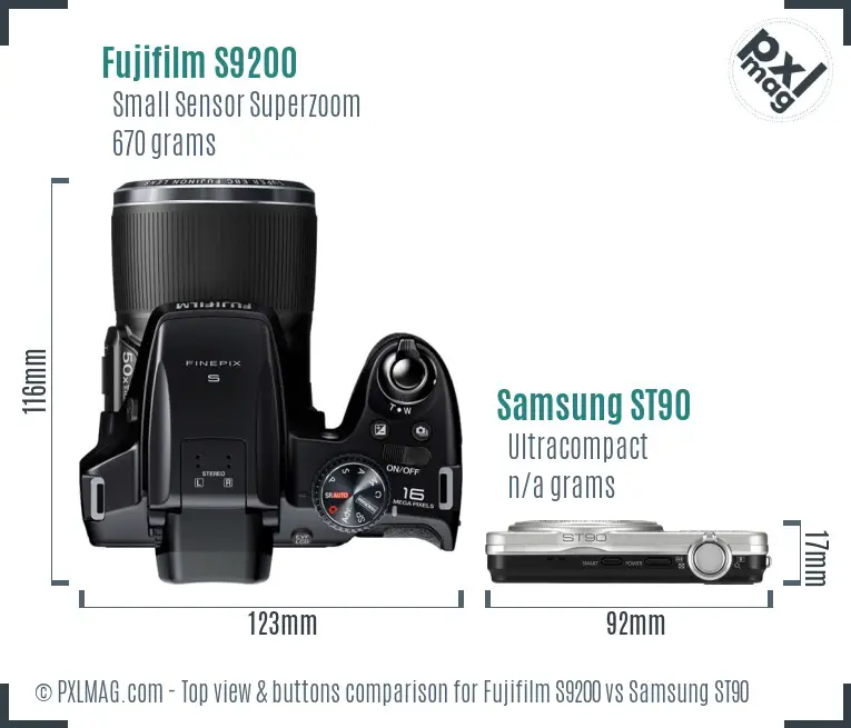 Fujifilm S9200 vs Samsung ST90 top view buttons comparison Fujifilm S9200 vs Samsung ST90 top view buttons comparison