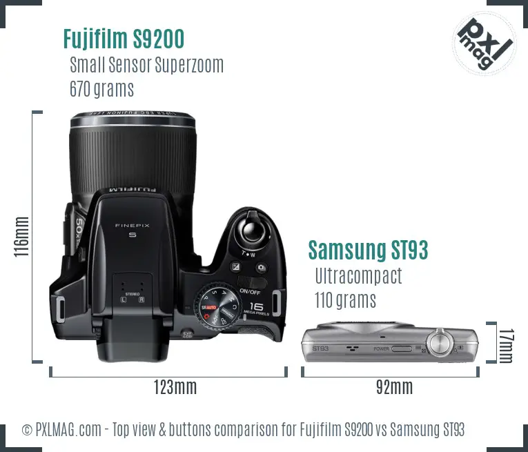 Fujifilm S9200 vs Samsung ST93 top view buttons comparison