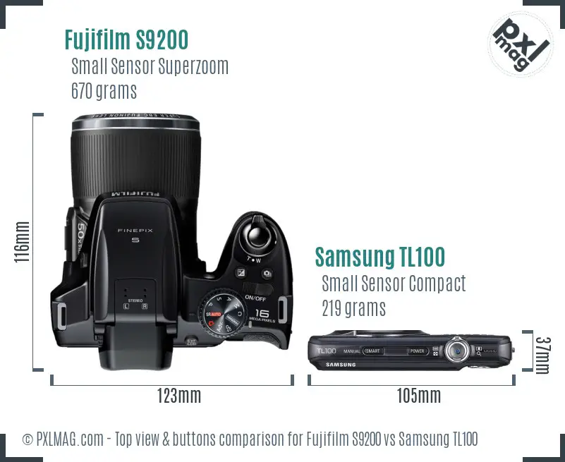 Fujifilm S9200 vs Samsung TL100 top view buttons comparison