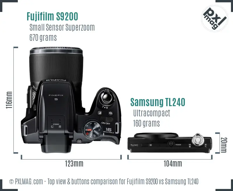 Fujifilm S9200 vs Samsung TL240 top view buttons comparison