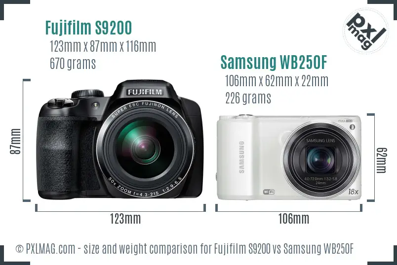 Fujifilm S9200 vs Samsung WB250F size comparison