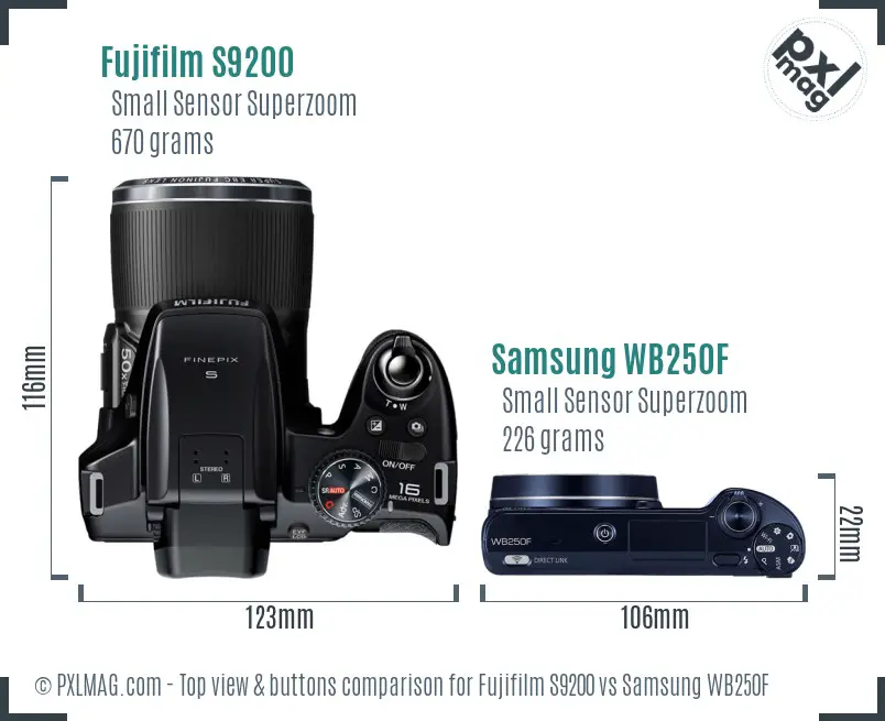 Fujifilm S9200 vs Samsung WB250F top view buttons comparison