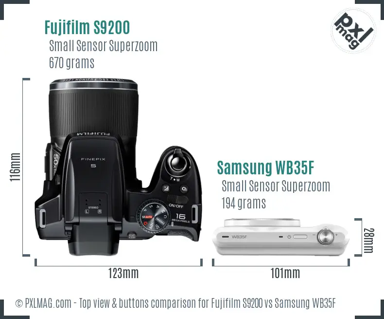 Fujifilm S9200 vs Samsung WB35F top view buttons comparison Fujifilm S9200 vs Samsung WB35F top view buttons comparison