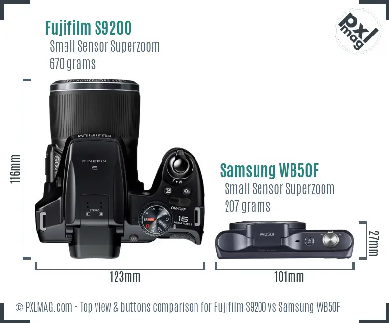 Fujifilm S9200 vs Samsung WB50F top view buttons comparison Fujifilm S9200 vs Samsung WB50F top view buttons comparison