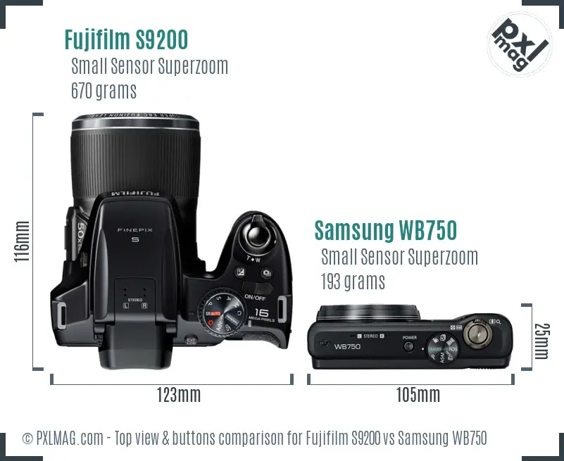Fujifilm S9200 vs Samsung WB750 top view buttons comparison